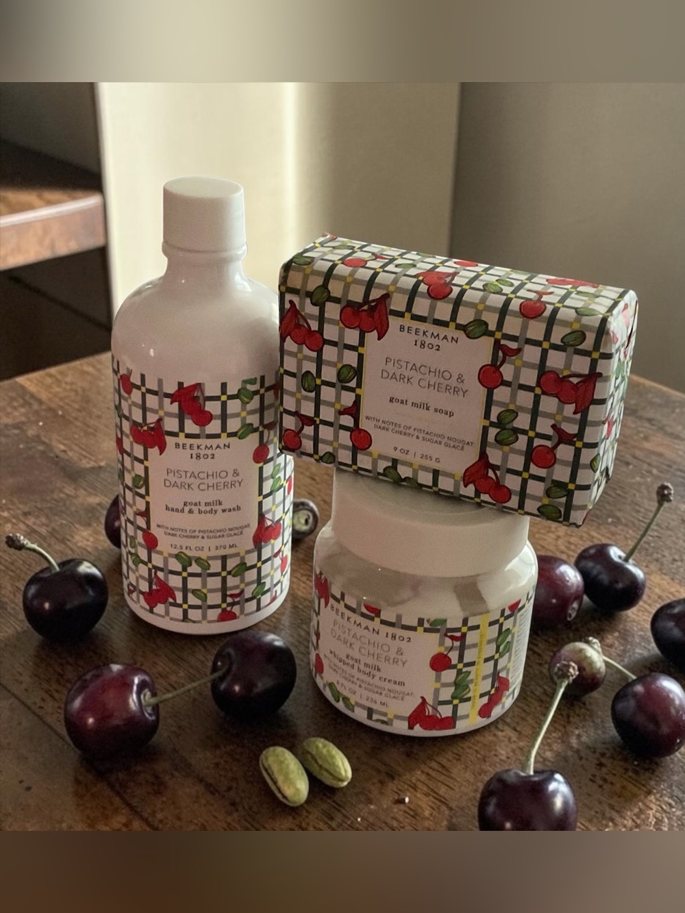 Beekman 1802 Pistachio & Dark Cherry 3 Pc. Collection Body Care Set 🐐 🍒